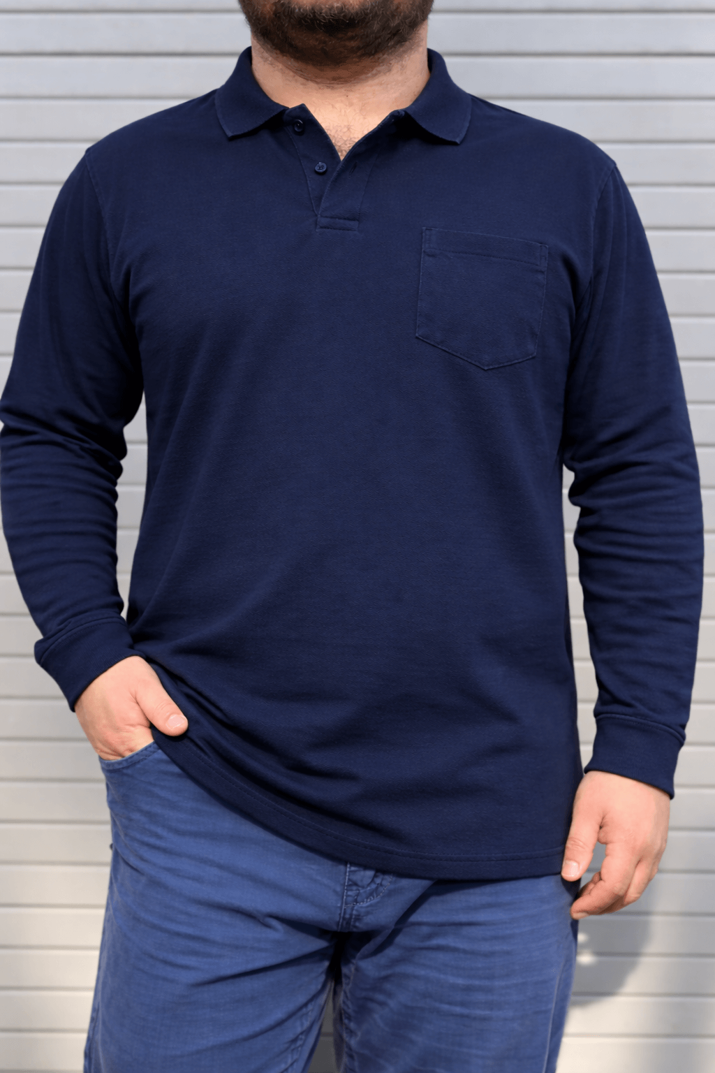  Polera pique azul marino manga larga con bolsillo