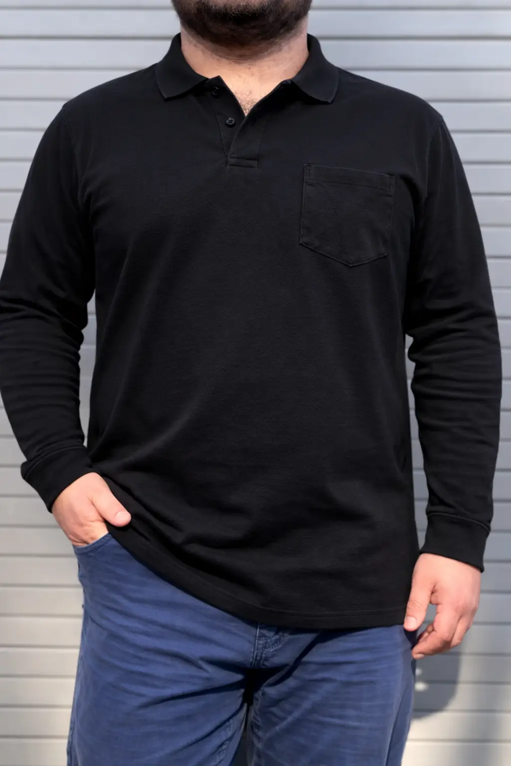  Polera pique negra manga larga con bolsillo