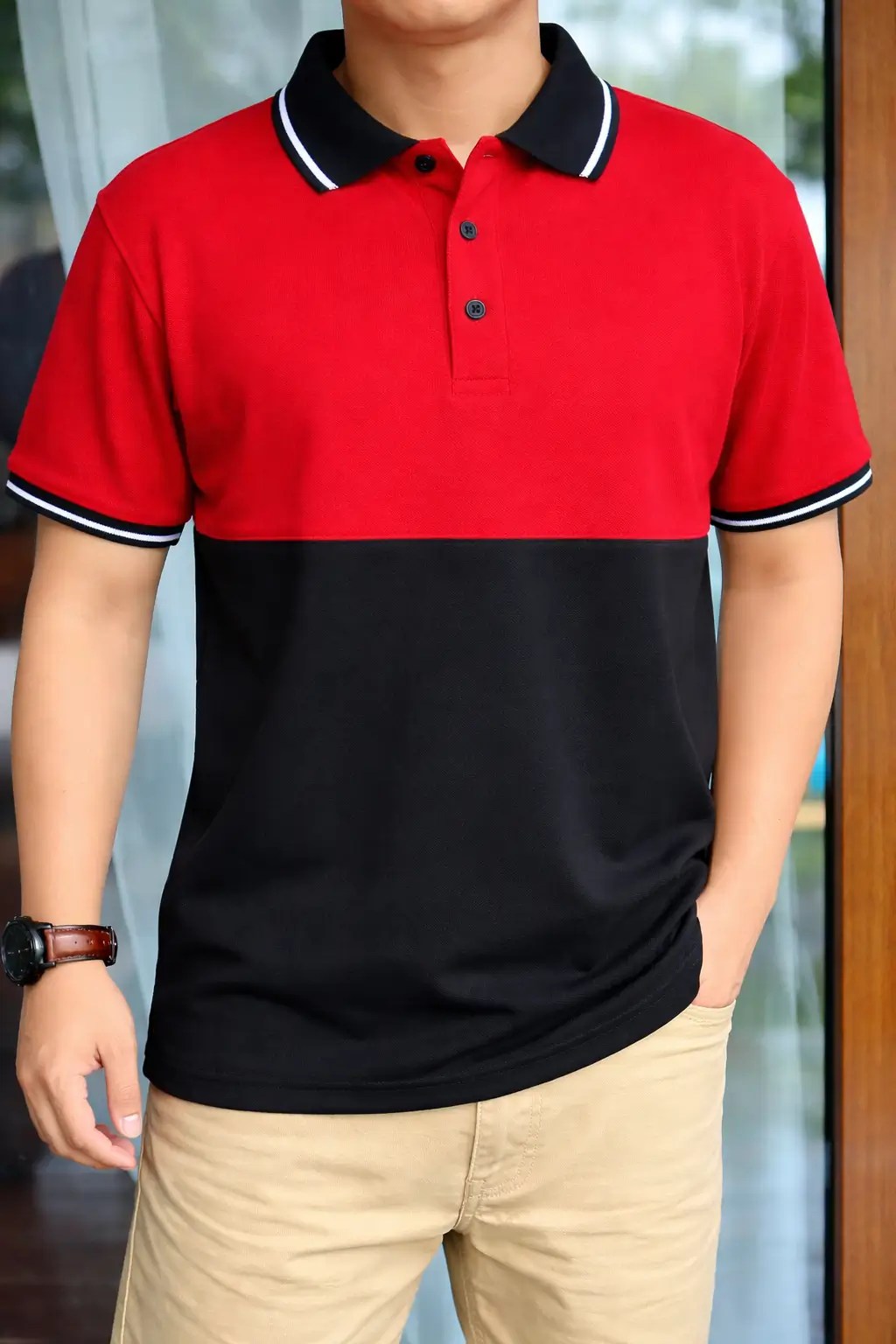 Polera pique roja con negro